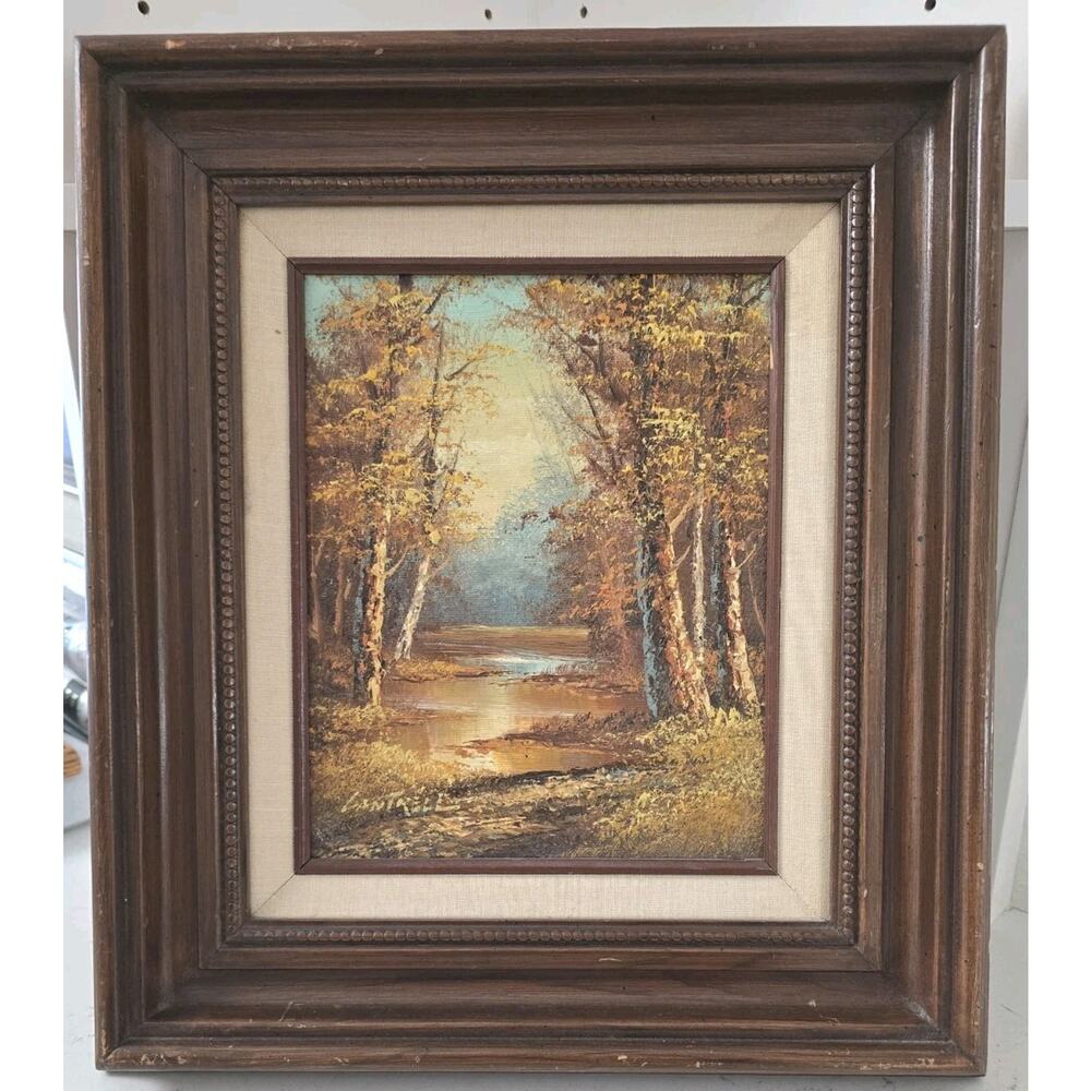 Autumn Creek Landscape Oil on Canvas, Signed Cantrell, Framed 16.5x14.5